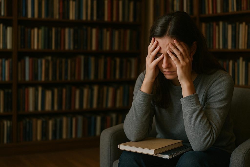 Post-secondary student in quiet library demonstrating mental health awareness.