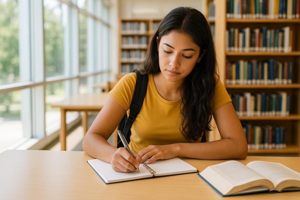 College student refining key academic skills with a notebook, symbolizing academic coaching.