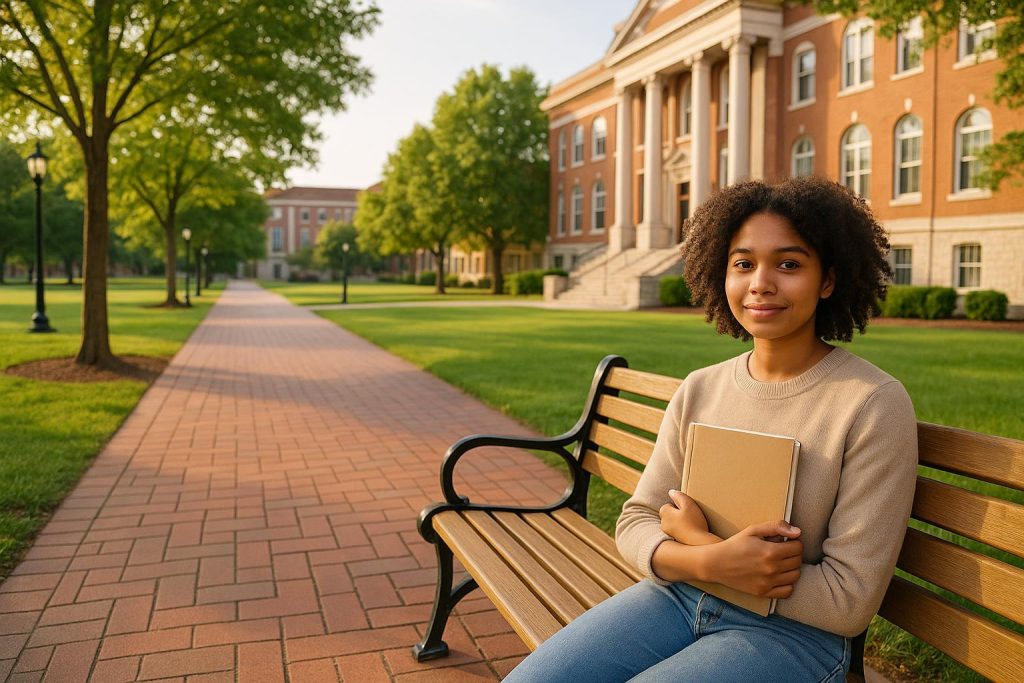 College student on a campus bench with a calm expression, highlighting mental health support.